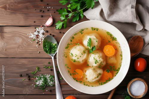 chicken broth with crepe dumpling soup on table, top view photo