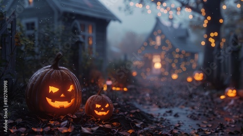 Jack-o'-lanterns glowing at twilight