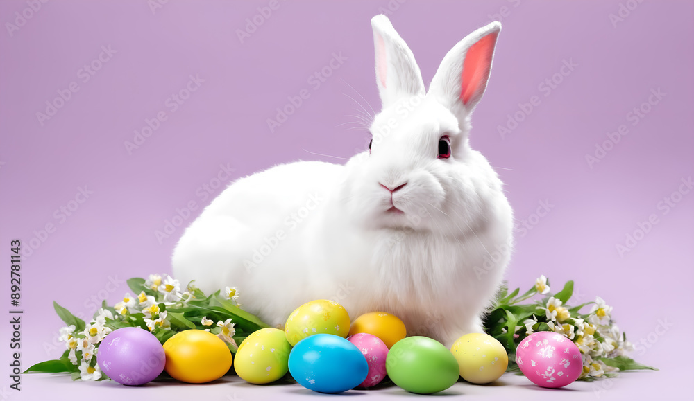 Happy easter. Painted eggs and rabbit on violet Happy easter. Painted eggs and rabbit on violet