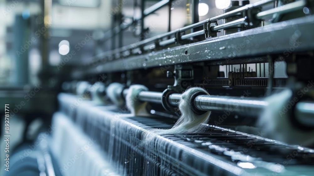 Closeup of a textile machine operating in a factory Closeup of a textile machine operating in a factory