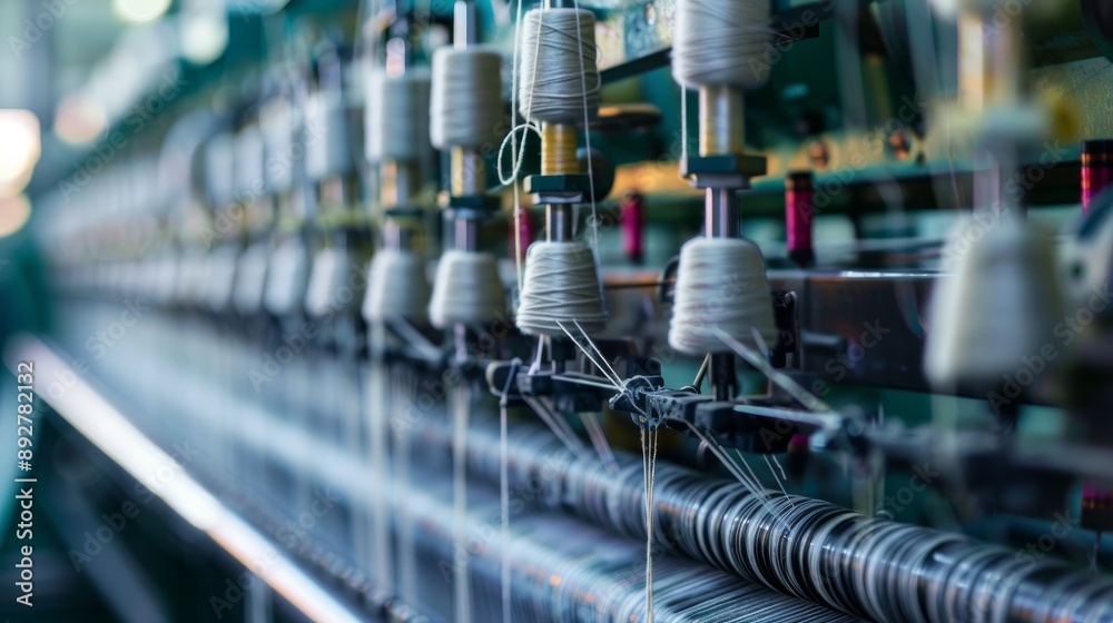 Closeup of a textile machine operating in a factory