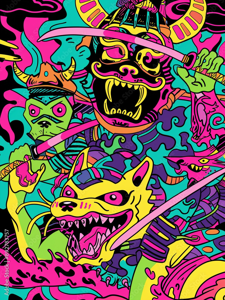 Obraz premium A colorful storybook cover for kids of an anthropomorphic excited ninja and dog