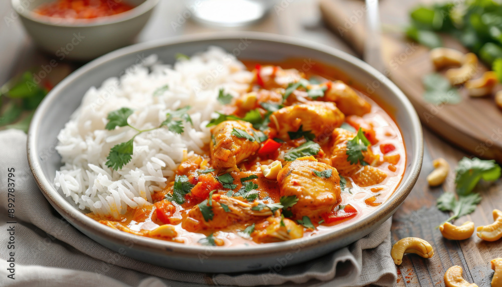 A mouthwatering serving of chicken curry with rice and cashews is placed on a table