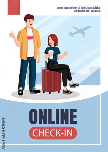 Young couple with suitcase, backpack showing thumbs up at the airport before flight. Flat design, cartoon style. Vector illustration. Online check in concept flyer, banner, promo, advertising, leaflet