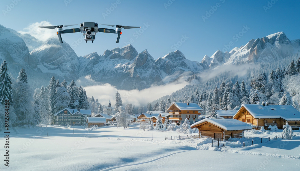Fototapeta premium A drone is gliding through the air over a stunning mountain village blanketed in snow