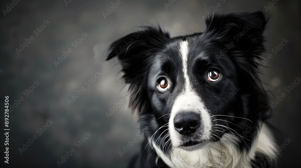 Border collie dog sitting and tilting its head, looking at the camera with a cute, inquisitive face Border collie dog sitting and tilting its head, looking at the camera with a cute, inquisitive face