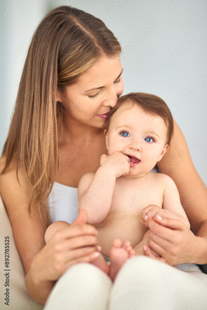 Mother, healthy and baby in home for learning, care and support for growth and relax or kid. Development, hands and family or mom in house or lounge for love, child and together for trust in morning Mother, healthy and baby in home for learning, care and support for growth and relax or kid. Development, hands and family or mom in house or lounge for love, child and together for trust in morning