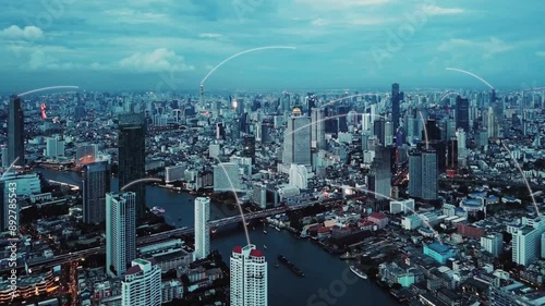 4k resolution network connection concept over Bangkok cityscape Aerial view
