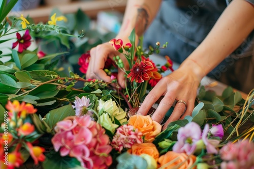 Hands Arranging Vibrant Blooms at a Flower Workshop - Immersive Floral Design Learning Experience