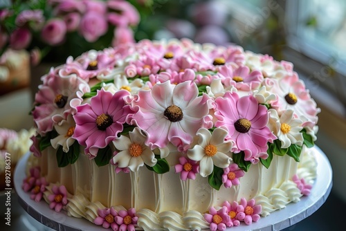 Wallpaper Mural Delicious cake decorated with pink and white flowers for wedding anniversary Torontodigital.ca