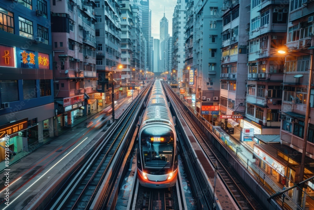 Modern tram approaching station in futuristic city center Modern tram approaching station in futuristic city center
