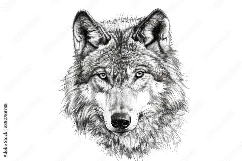 Fototapeta premium Detailed handdrawn pencil illustration of a realistic wolf portrait with intricate detailing and fine texture. Showcasing the natural wildlife of the alpha predator canis lupus. In black and white