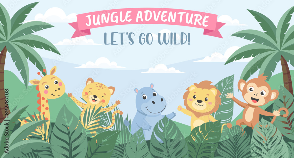Jungle Adventure zoo. Childrens animals, safari background. Cute animals in the jungle. Illustration in flat style, invitation, postcard Jungle Adventure zoo. Childrens animals, safari background. Cute animals in the jungle. Illustration in flat style, invitation, postcard