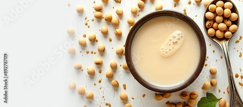 Soy milk in a spoon with soybean, isolated on white background, allowing for text with copy space image.