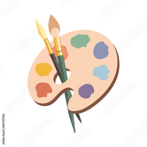 Palette with paints of different colors with brushes for painting. Top view of artist's tools isolated on white. Symbol, design element
