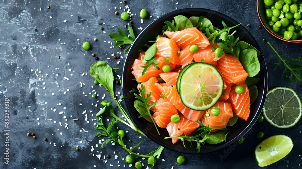 Colorful arrangement of raw salmon salad with crisp green vegetables, perfect for fresh culinary inspiration Colorful arrangement of raw salmon salad with crisp green vegetables, perfect for fresh culinary inspiration