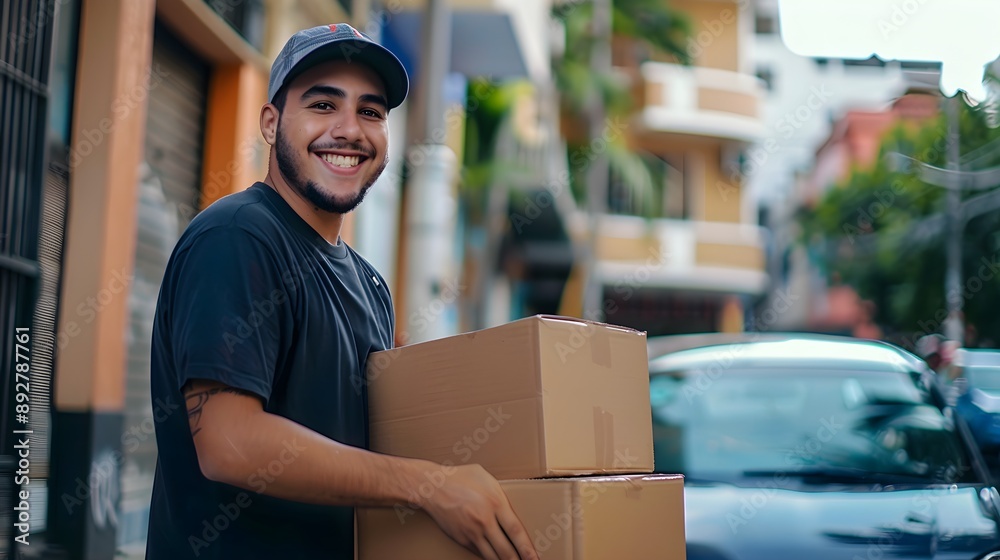 Young Hispanic delivery man standing with boxes, smiling confidently in a residential area Young Hispanic delivery man standing with boxes, smiling confidently in a residential area
