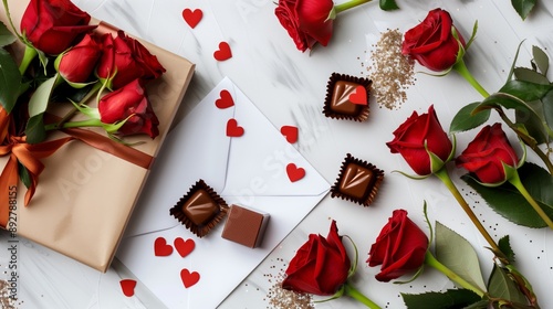 A flat lay of Valentine's Day essentials including a love letter, red roses, a box of chocolates, and a small gift box, arranged on a white background photo