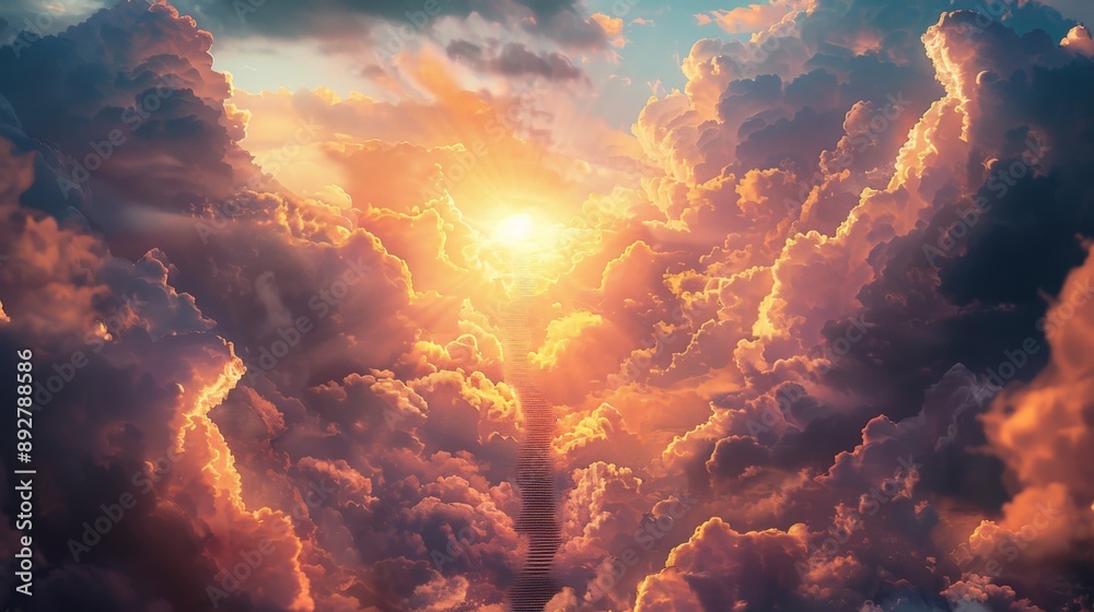 A majestic staircase ascending through fluffy clouds towards a radiant golden light A majestic staircase ascending through fluffy clouds towards a radiant golden light