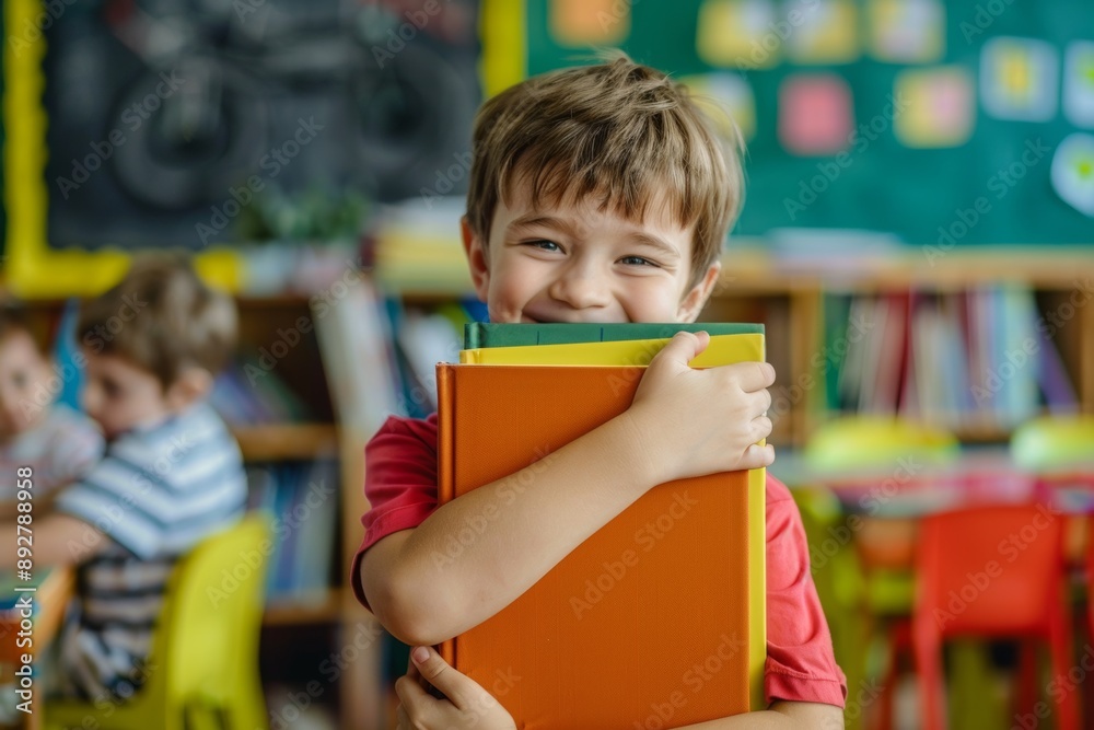 Cheerful child books showing joy of learning classroom. Smiling student school gleaming colorful books and happiness. Empowerment literacy and learning. Cheerful child books showing joy of learning classroom. Smiling student school gleaming colorful books and happiness. Empowerment literacy and learning.