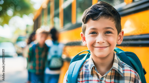 Smiling boy with a plaid shirt and backpack stands near a school bus, ready to board. Other children are blurred in the background. Concept: back to school, childhood, learning.