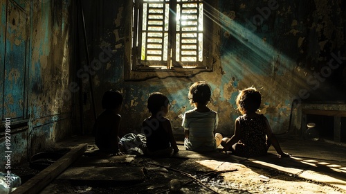 Children victims hidden or locked in abandoned room. Human trafficking and slavery concept. Human abuse. Child abusing.