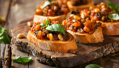 Bruschetta caponata with raisins and pine nuts decorated with a leaf of basil photo