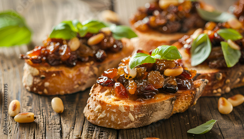 Bruschetta caponata with raisins and pine nuts decorated with a leaf of basil photo