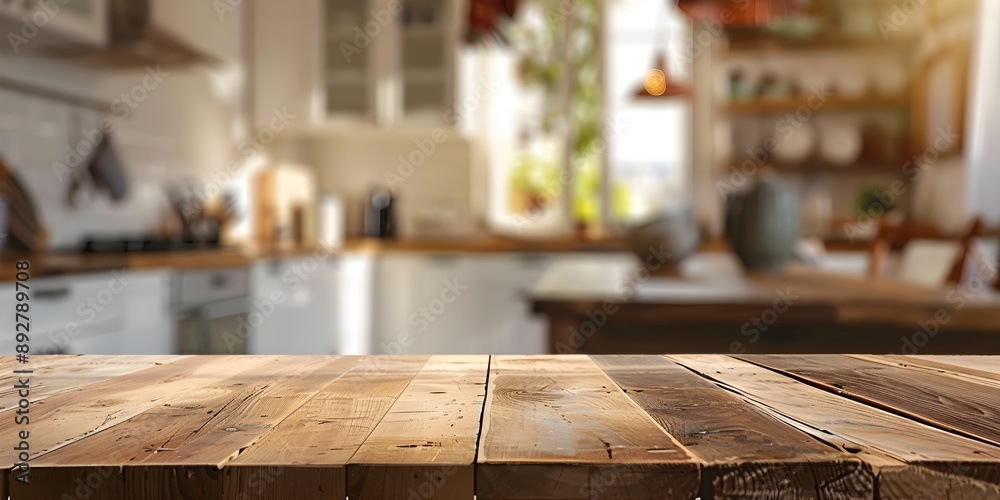 Empty wooden dining table with plenty of copy space, with a blurred kitchen scene in the background Empty wooden dining table with plenty of copy space, with a blurred kitchen scene in the background