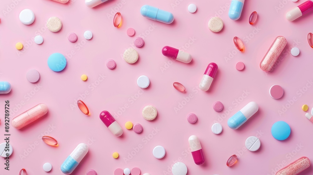 Variety of medicine capsules and pills on pink background with space for text Variety of medicine capsules and pills on pink background with space for text