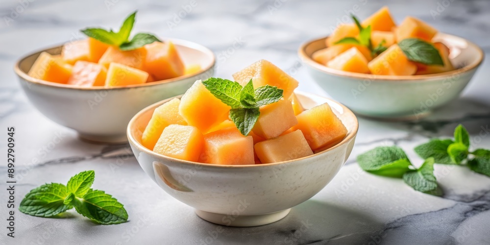 Cantaloupe Salad with Mint, Fresh and Delicious, Close-Up, Food Photography, Dessert, Summer, Recipe Cantaloupe Salad with Mint, Fresh and Delicious, Close-Up, Food Photography, Dessert, Summer, Recipe