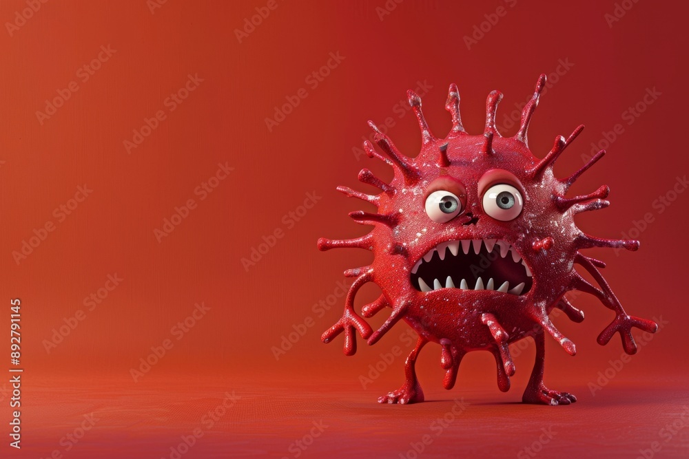 Single virus figure isolated showing emotion and fear red backdrop. Isolated single virus character red displaying animated scared look. Amalgamation of fear solitude and invisible dangers.