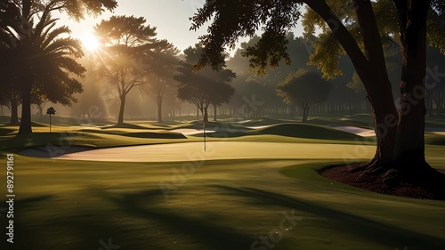 shadows bright sun golf course illustration light tranquility, golden rays, manicured dramatic shadows bright sun golf course AI generated
