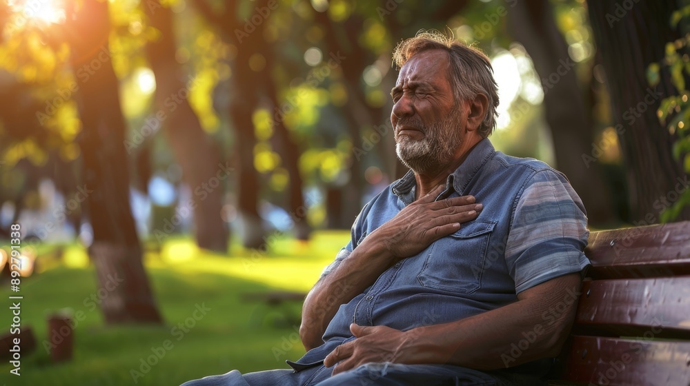 Fototapeta premium Senior Man Experiencing Chest Pain on Park Bench at Sunset - Concept of Heart Disease and Health Warning