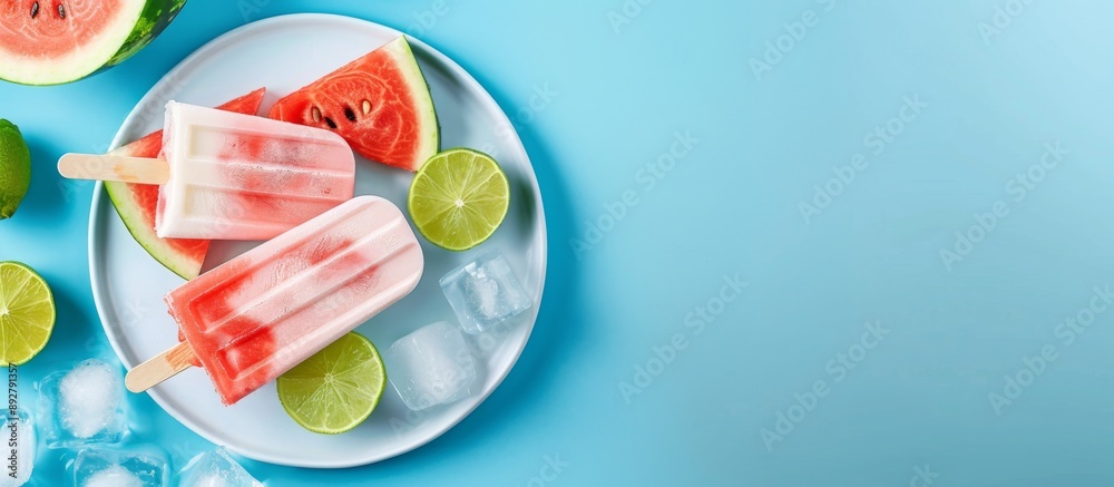 Close-Up View of Colorful Ice Cream Popsicle with Watermelon and Lime Slices on Plate Close-Up View of Colorful Ice Cream Popsicle with Watermelon and Lime Slices on Plate