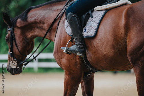 Close-up view of a person riding a horse at a ranch. The image focuses on the equestrians leg and the horses saddle.