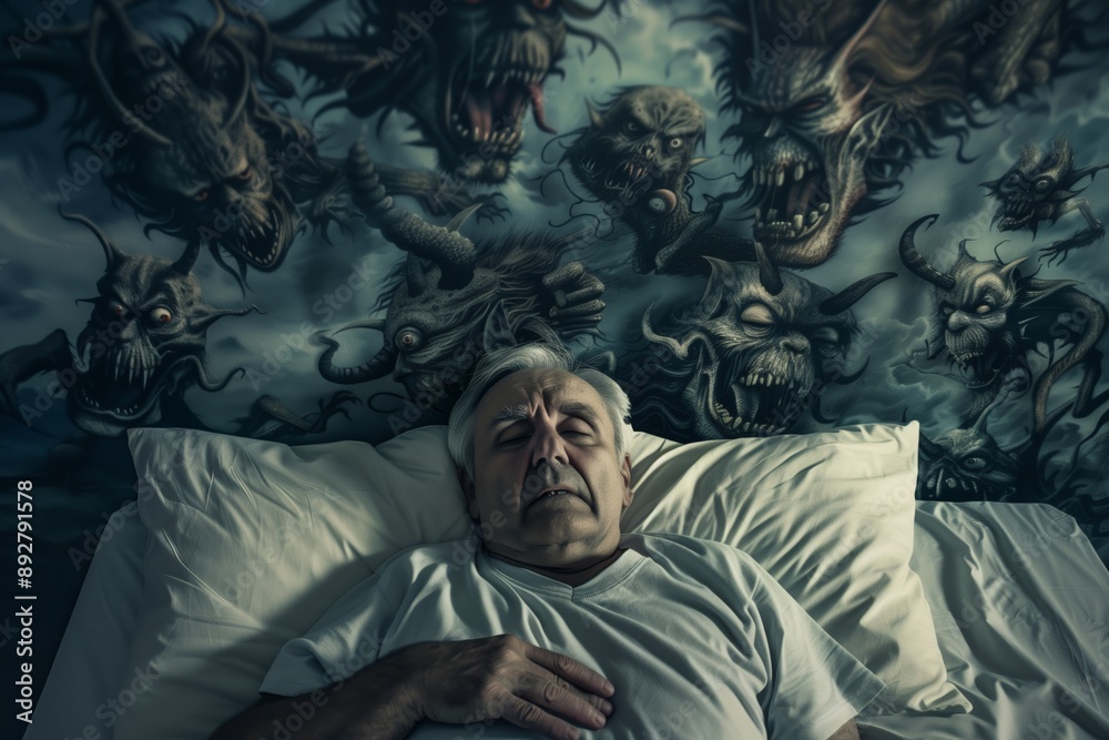Terrifying monsters invade man's dream creating scene of horror. Intense nightmares bring distress to sleeping man dream. Visual representation of anxiety and terror subconscious. Terrifying monsters invade man's dream creating scene of horror. Intense nightmares bring distress to sleeping man dream. Visual representation of anxiety and terror subconscious.