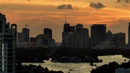 Aerial drone view of the Fort Lauderdale skyline at sunset south Florida.