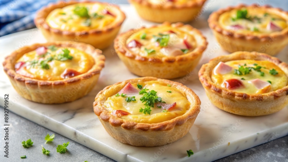 Close-up of Mini Quiches with Ham and Cheese on Marble Board, quiche, appetizer, savory, recipe Close-up of Mini Quiches with Ham and Cheese on Marble Board, quiche, appetizer, savory, recipe