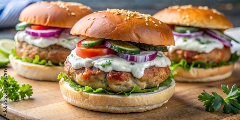 Close-up of Sesame Seed Buns with Tzatziki and Fresh Veggies, Greek Burger, Tzatziki Sauce, Greek Food, Burger Close-up of Sesame Seed Buns with Tzatziki and Fresh Veggies, Greek Burger, Tzatziki Sauce, Greek Food, Burger