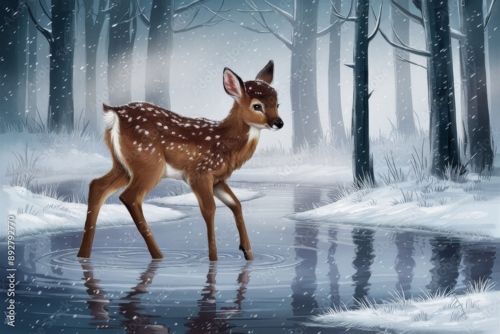 Young Deer in Snowy Forest by a Stream in Winter Young Deer in Snowy Forest by a Stream in Winter