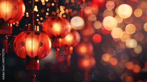 chinese new year background with lamps and bokeh lights 3d illustration