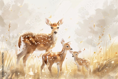 Watercolor Painting of Peaceful Deer Family in Sunlit Meadow on White Background