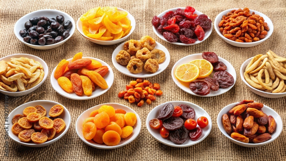 Dried Fruit Assortment in White Bowls on Burlap, Dried Fruit, Healthy Snack, Fruit Snacks, Dehydrated Fruits Dried Fruit Assortment in White Bowls on Burlap, Dried Fruit, Healthy Snack, Fruit Snacks, Dehydrated Fruits