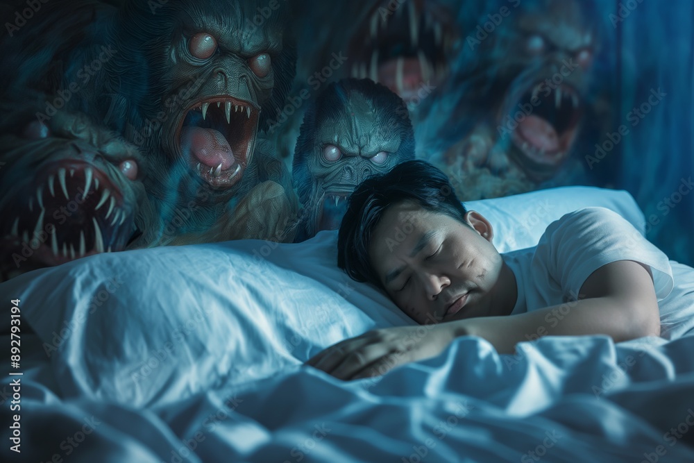 Restlessly dreaming man stirs bed overpowered surreal fear. Fearful monsters surround sleeping man inducing surreal horror dreams. Unsettling portrayal of battling one's inner demons and nightmarish Restlessly dreaming man stirs bed overpowered surreal fear. Fearful monsters surround sleeping man inducing surreal horror dreams. Unsettling portrayal of battling one's inner demons and nightmarish