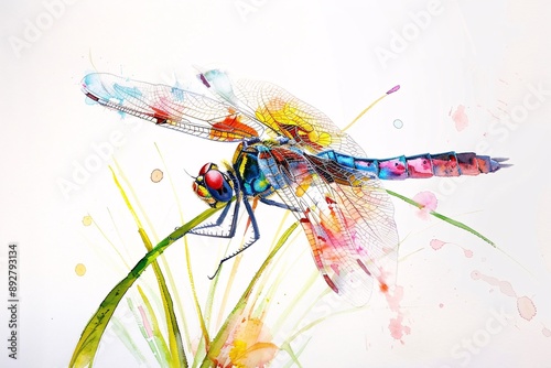 Watercolor of a colorful dragonfly resting on a blade of grass | Beautiful artwork of insects in nature | White background illustration