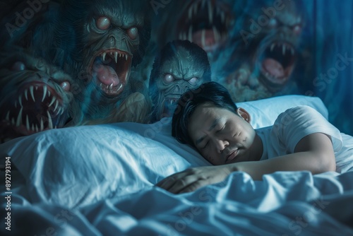 Restlessly dreaming man stirs bed overpowered surreal fear. Fearful monsters surround sleeping man inducing surreal horror dreams. Unsettling portrayal of battling one's inner demons and nightmarish photo