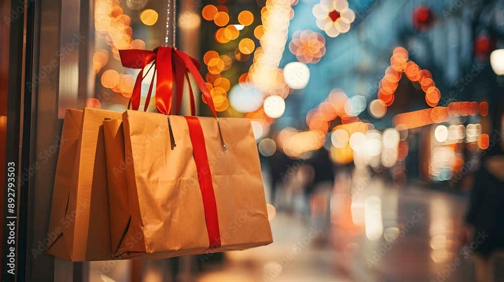 Naklejka premium Black Friday shopping frenzy with festive lights and bags in the city