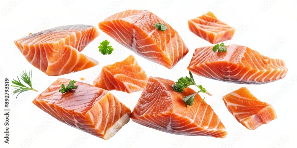 Floating Salmon Slices with Parsley, Isolated on White, Food Photography , Salmon, Seafood, Sashimi, Food Styling Floating Salmon Slices with Parsley, Isolated on White, Food Photography , Salmon, Seafood, Sashimi, Food Styling