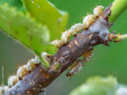 Invasion of the Pear Psylla: A Close-Up Look at Nymphs and Larvae on a Pear Tree Shoot photo